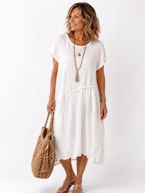 Lin blanc linen dress white Lagenlook natural fibers l/XL